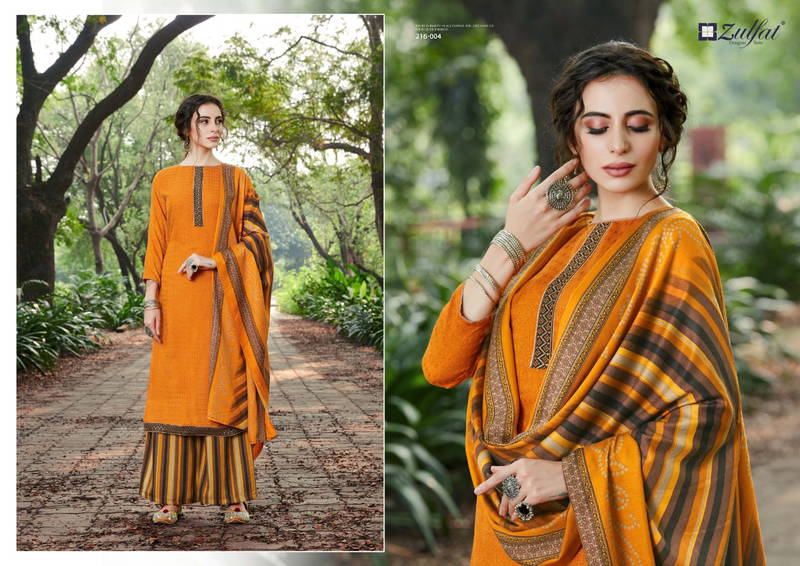 Zulfat Designer Patiala Beats Pashmina Print with Premium Elegantly Stitched Kashmiri Tie and Lace Pkazzo Suit Collection