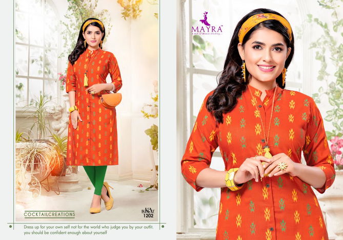 Mayra Ikkat Fancy Designer Regular Wear Rayon Slub Printed Kurtis Collection
