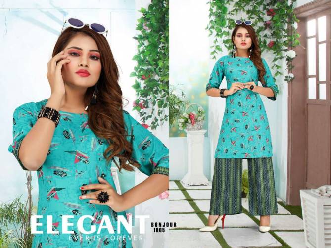 Ft Bonjour Latest Fancy Regular Wear Rayon Printed Kurti With Bottom Collection