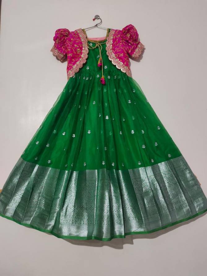 AJD 7909 Soft Lichi Silk Designer Kids Wear Girls Gown Wholesale In Delhi