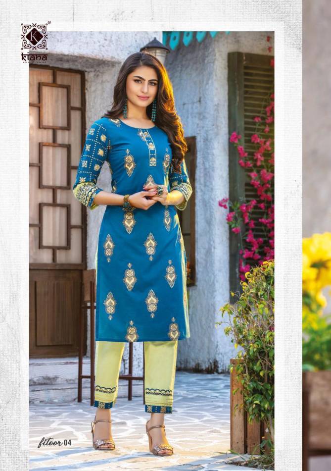 KIANA FITOOR Fancy Designer Festive Wear Rayon With Cotton Printed And Hand Work Kurtis With Bottom Collection