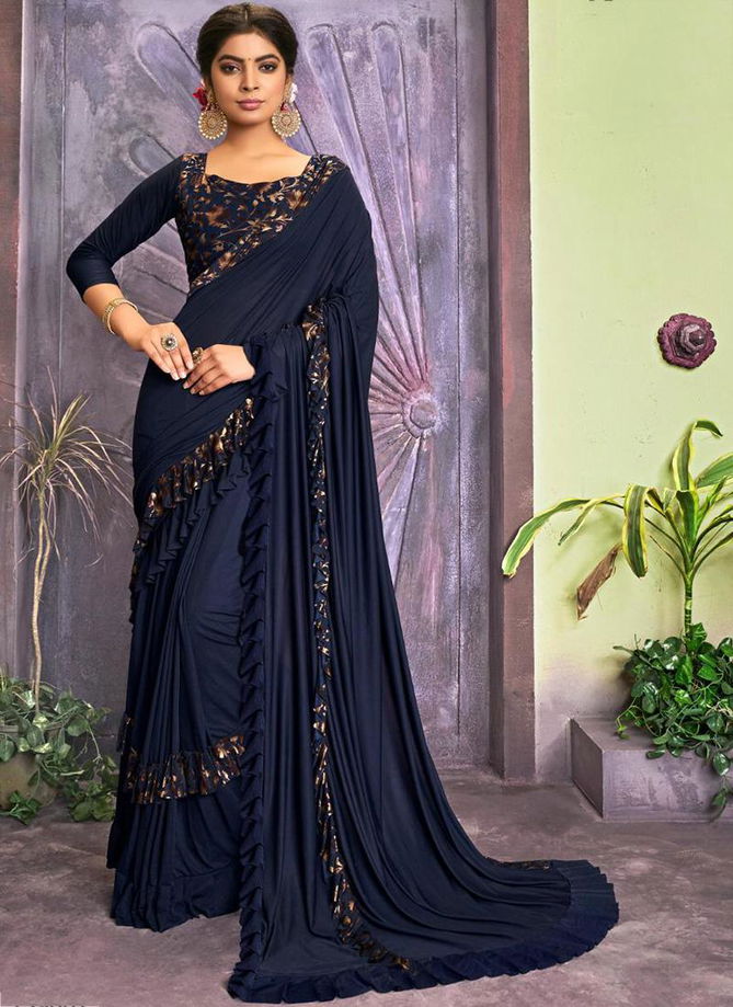 New Designer Lycra Fancy Party Wear Frill Sarees Collection For Women