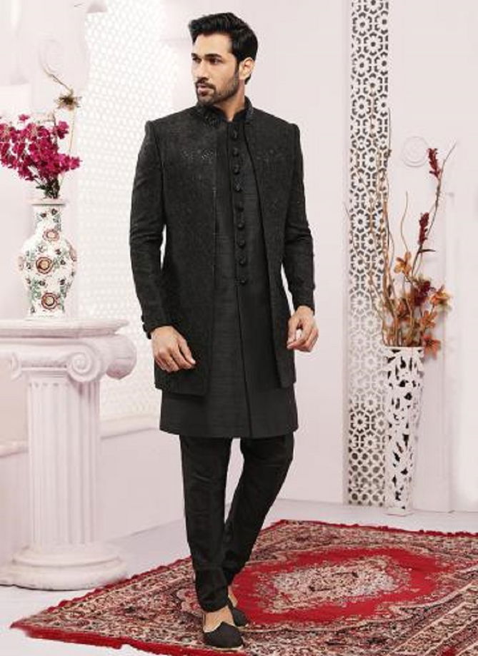 Black Art Banarasi Silk Wedding Wear Designer Embroidery Work Sherwani