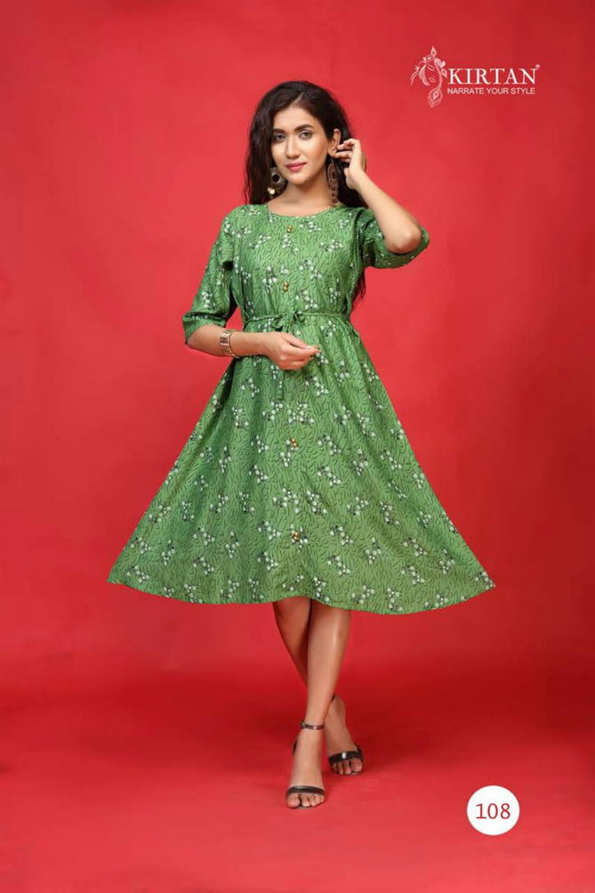 Kirtan Kanika Fancy Designer Casual Wear Rayon Printed Anarkali Kurtis Collection
