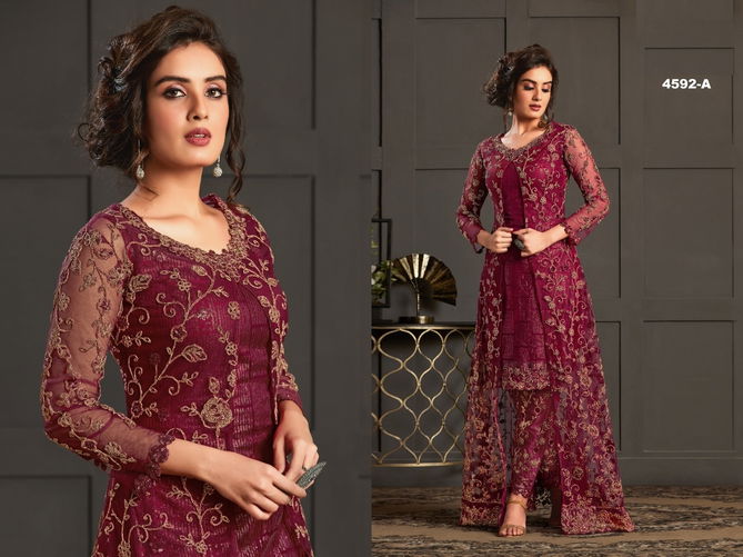 Super Hit 4592 Colors Wedding Wear Heavy Butterfly Net with Embroidery and Codding With Glitter Sequences Top Koti With Full Work Bottom Salwar Suits Collection