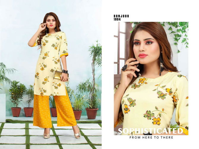 Ft Bonjour Latest Fancy Regular Wear Rayon Printed Kurti With Bottom Collection