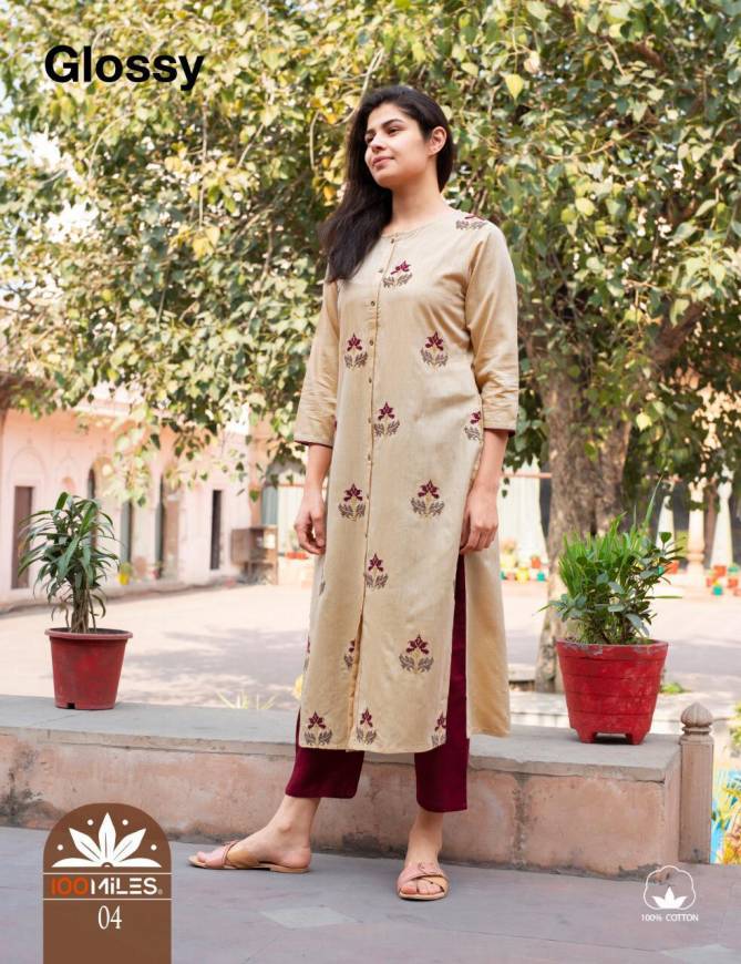 100MILES GLOSSY Jam Cotton Designer Embroidered Party Wear Kurtis Collectons
