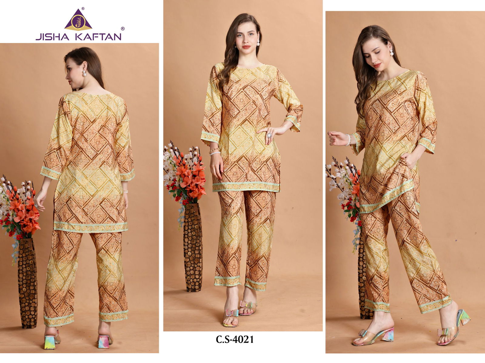 Co Ord Set Vol 7 By Jisha Printed Polyester Silk Kaftan Cord Set Islamic Kaftan Suppliers In India