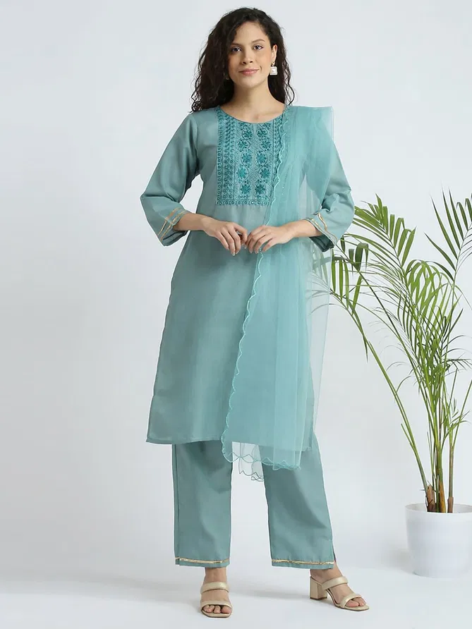 VT Designer Slub Cotton Embroidery Kurti With Bottom Dupatta Suppliers In India