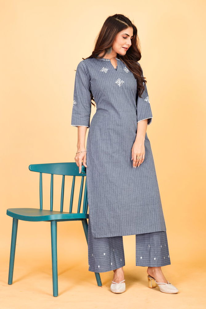 Gangotri By Seamore Mirror Work Denim Cottont Wear Women Kurta With Palazzo Orders In India