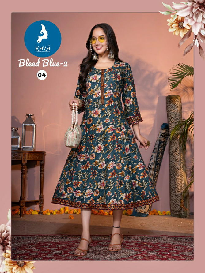 Bleed Blue 2 By Kaya Rayon Printed Anarkali Kurtis Exporters In India