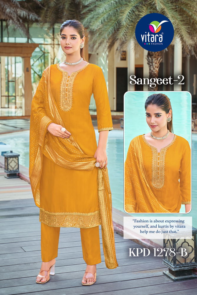 Sangeet Vol 2 By Vitara Silk Embroidery Kurti With Bottom Dupatta Wholesale Online