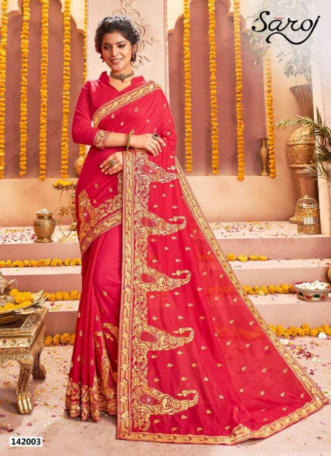 Saroj Rajdhani Latest Designer Heavy Embroidered Wedding Wear Vichitra Silk Saree Collection