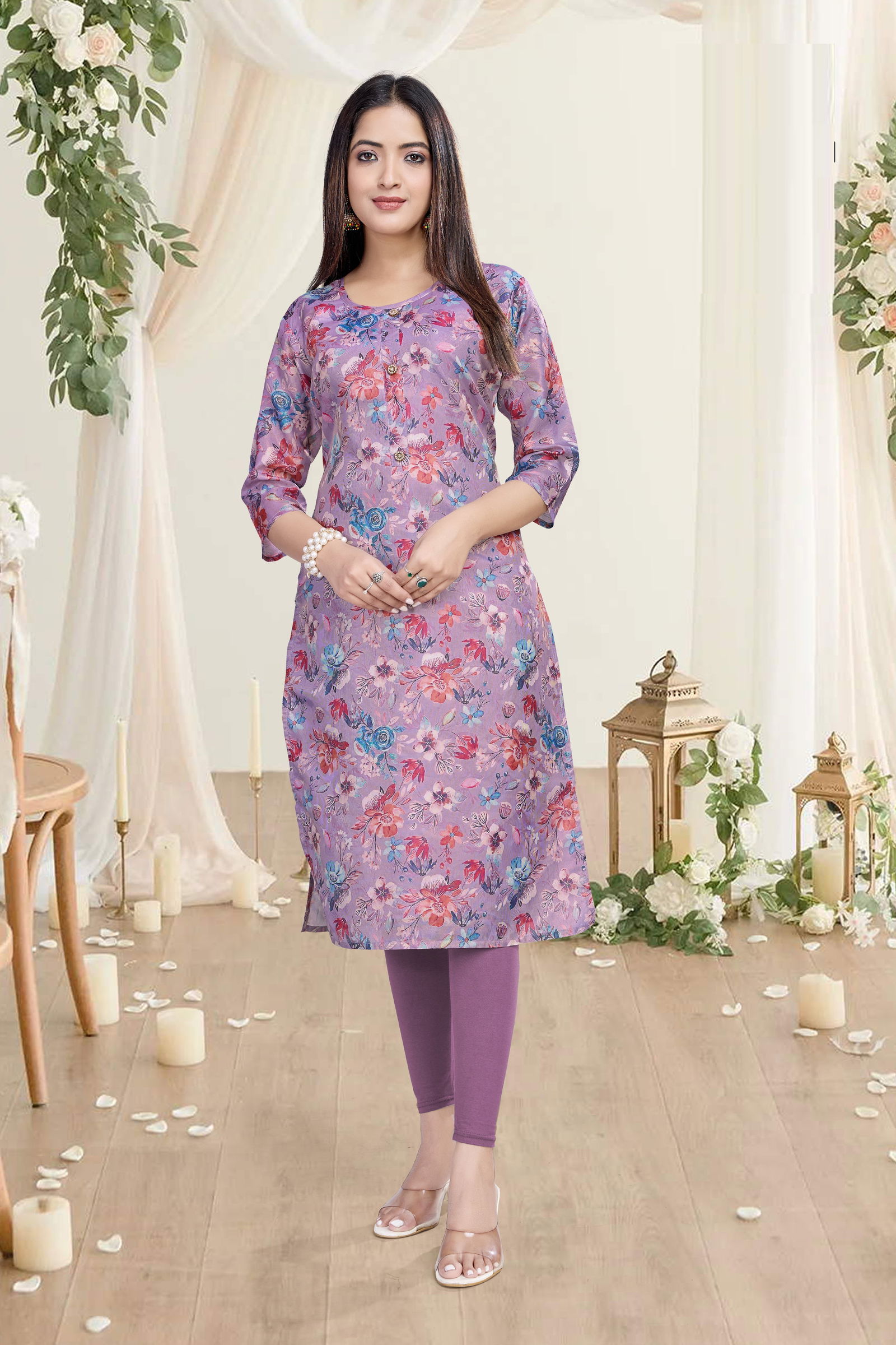 01 Shelly A line Printed Premuim Tissue Simmer Kurti Wholesale Shop In Surat