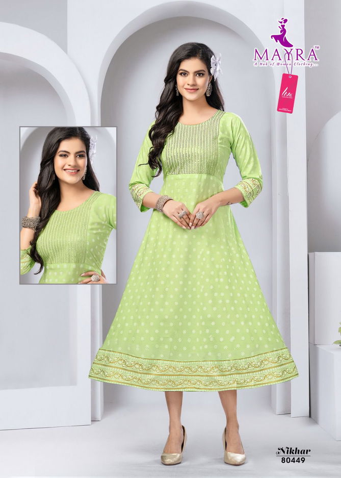 Mayra Nikhar Heavy Liva Designer Rayon Anarkali Kurti Catalog
