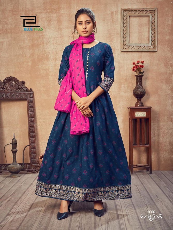 Blue Hills Soul Mate 1 Latest Fancy Festive Wear classic gold print Rayon Designer Kurtis With Dupatta Collection
