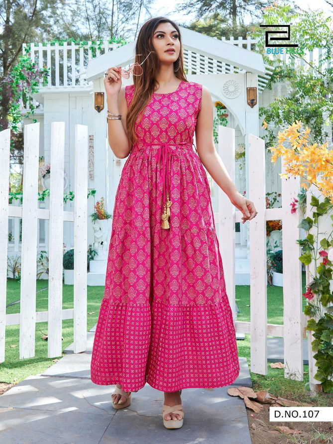 Blue Hills Sun Shine Latest Fancy Ethnic Wear Rayon Printed Flair Long Kurtis Collection
