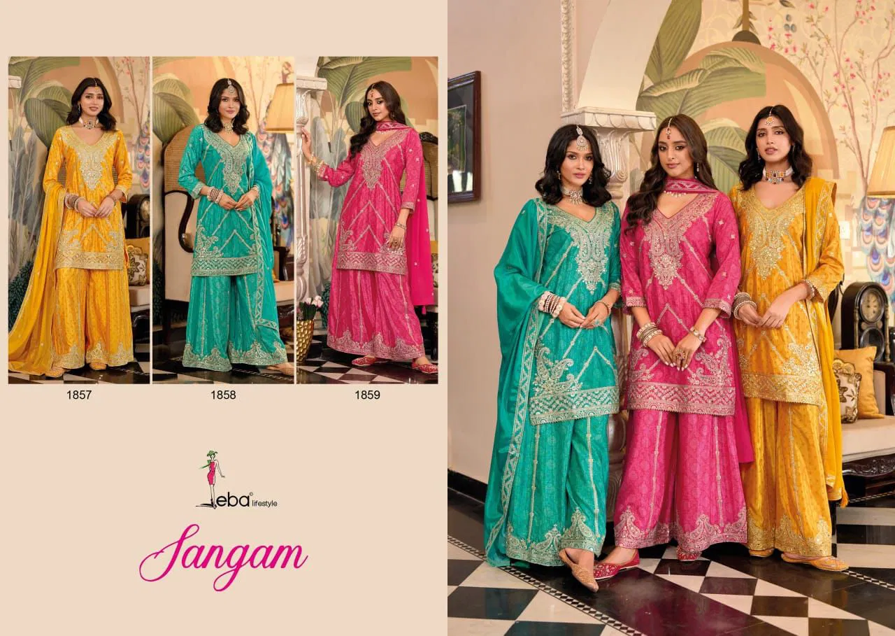 Sangam by Eba Chinon Printed Embroidered Readymade Suits Exporters In India