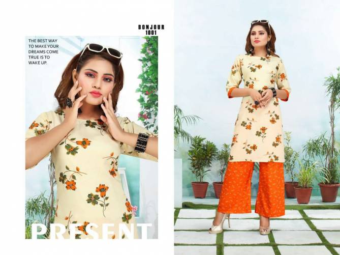 Ft Bonjour Latest Fancy Regular Wear Rayon Printed Kurti With Bottom Collection