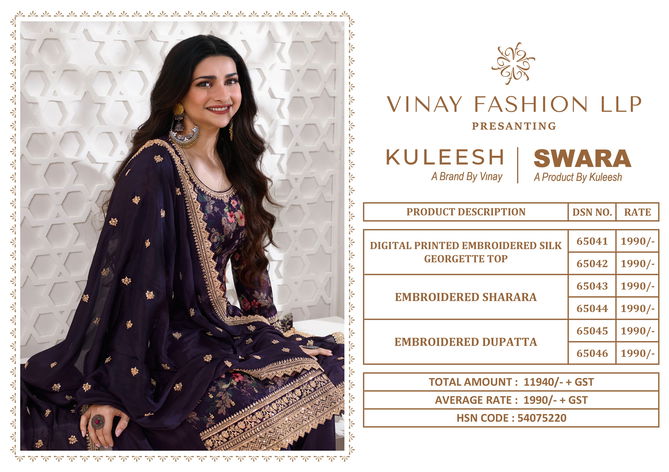 Vinay Kuleesh Swara Silk Embroidery Sharara Salwar Kameez Catalog
