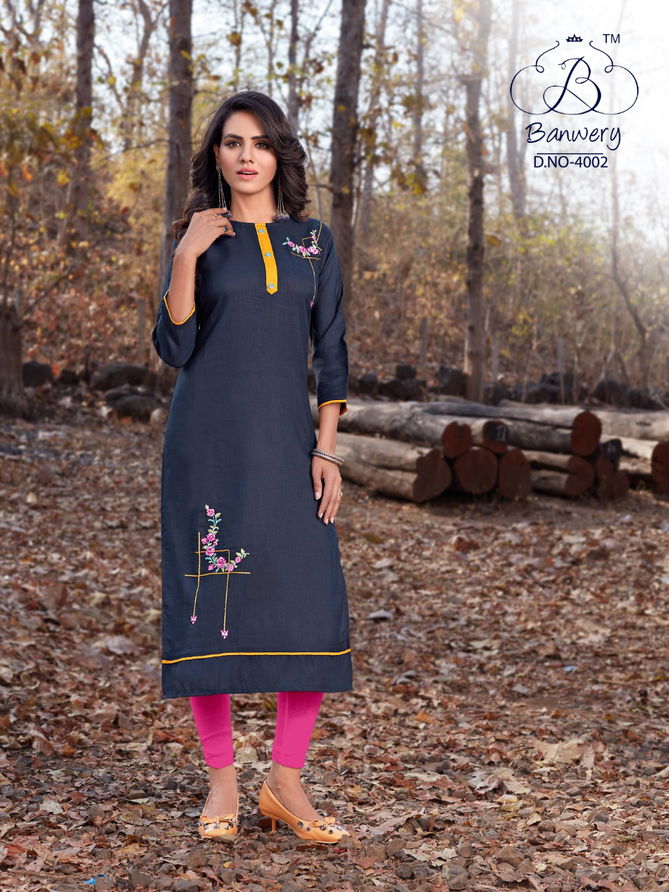 BLEND V-4 DESIGNER HEAVY PREMIUM COTTON WITH EMBROIDERY WORK THREE FOURTH SLEEVES KURTI COLLECTION