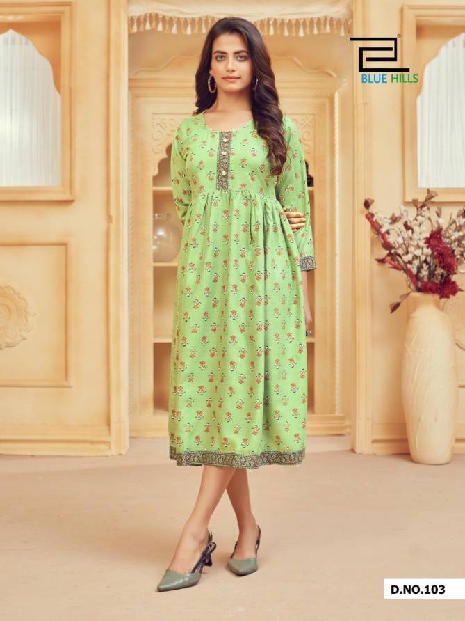 Blue Hills Velly 1 Designers Printed Ethnic Wear Rayon Kurtis Collection
