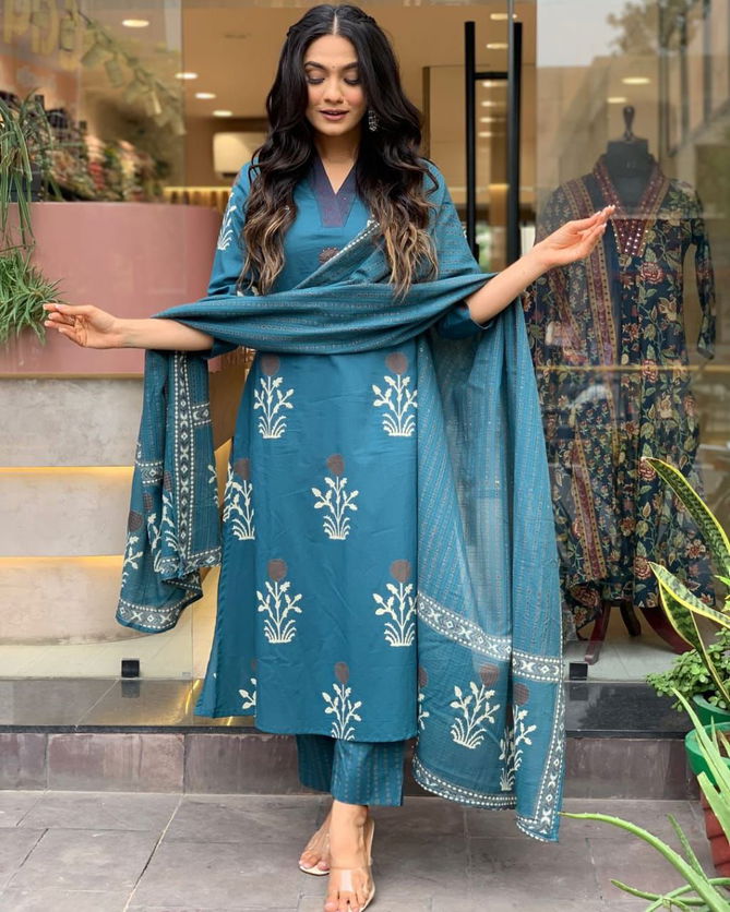 KF Blue Kalaai Hand Block Printed Surat Kurti With Bottom Dupatta Wholesale Market