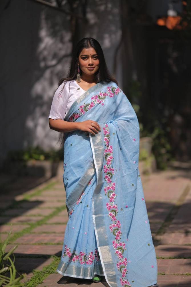 DF 132 Ankita Designer Soft Linen Embroidery Sarees Wholesale Price In Surat