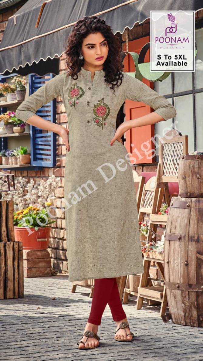 Poonam Riva 5 Premium Fancy Casual Wear Cotton Embroidery Work Designer Kurtis Collection

