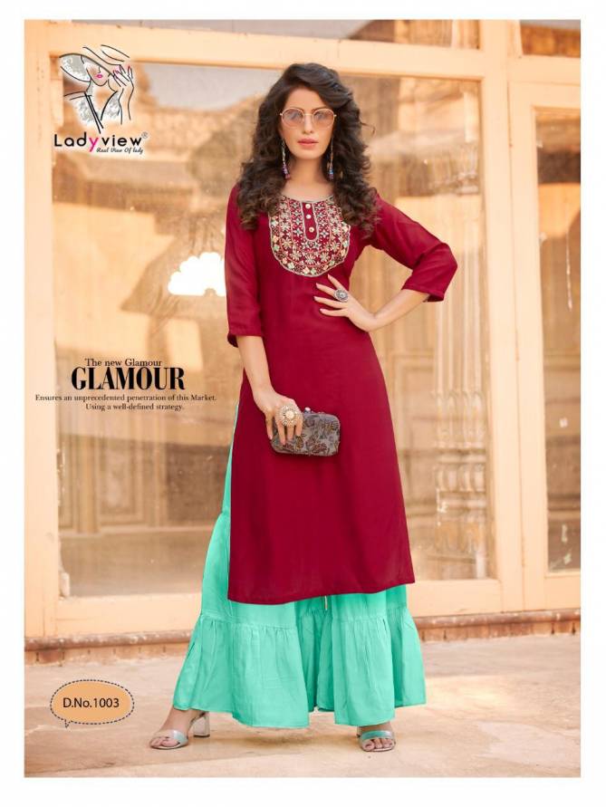 Ladyview Goriya 1 Latest  Rayon Printed Fancy Embroidery work Party Wear Kurti With Sharara Collection