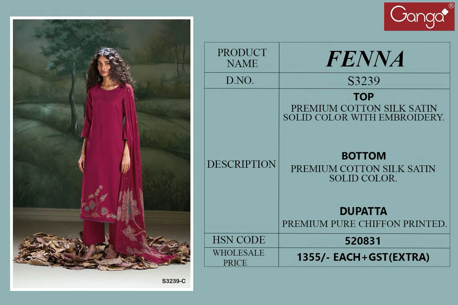 Fenna 3239 By Ganga Cotton Silk Embroidery Dress Material Orders In India