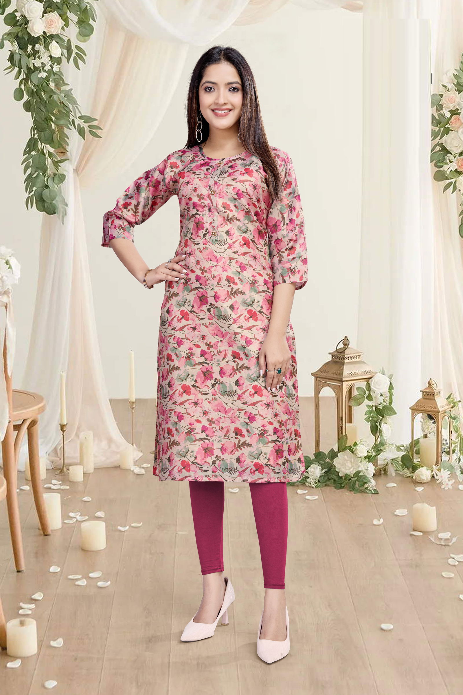 Shelly A line Printed Premuim Tissue Simmer Kurti Suppliers In India