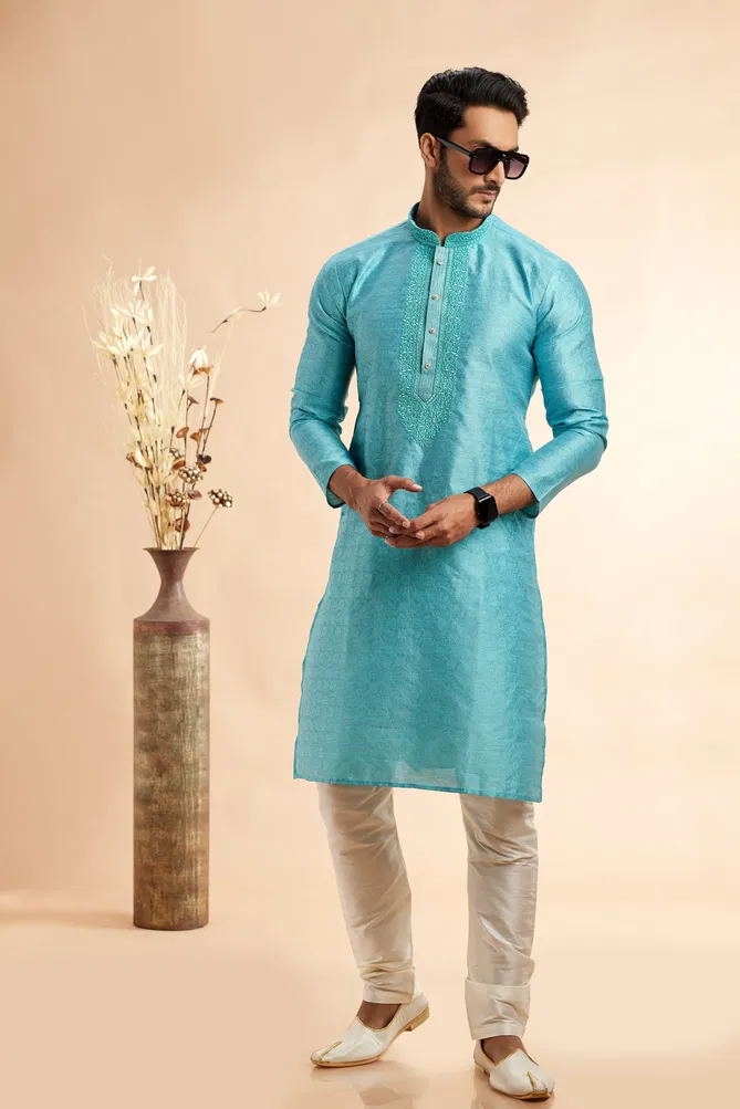 Jacquard Art Silk Embroidery Work Kurta Pajama