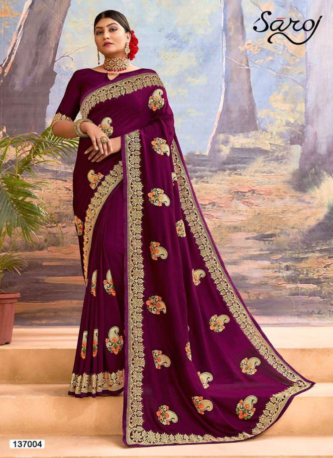 SAROJ KANGANA Fancy Festive Wear Heavy Designer Vichitra Silk With Embroidery Work On Border And Butta Saree Collection