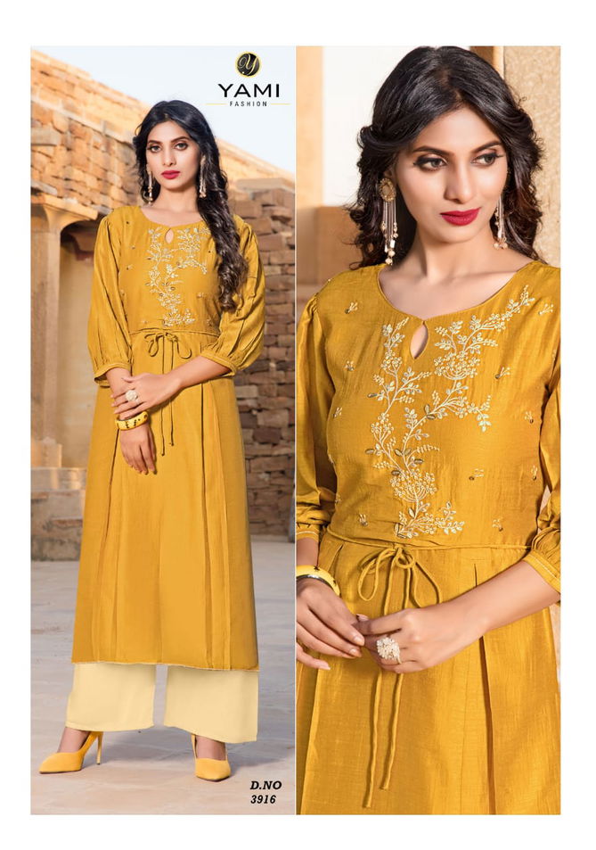 YAMI RESHAMI VOL-2 Latest Fancy Festive Wear Viscos Embroidery Work Kurtis With palazzo Collection