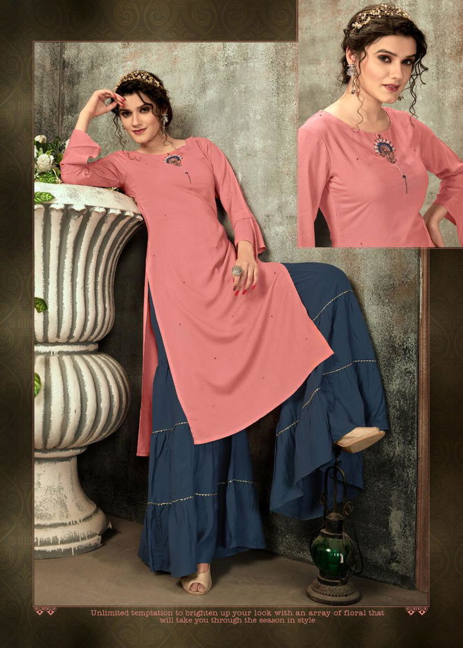 4Colours Zulfat Fancy Casual Wear Rayon Slub With Embroidery Work Kurti With Bottom Collection