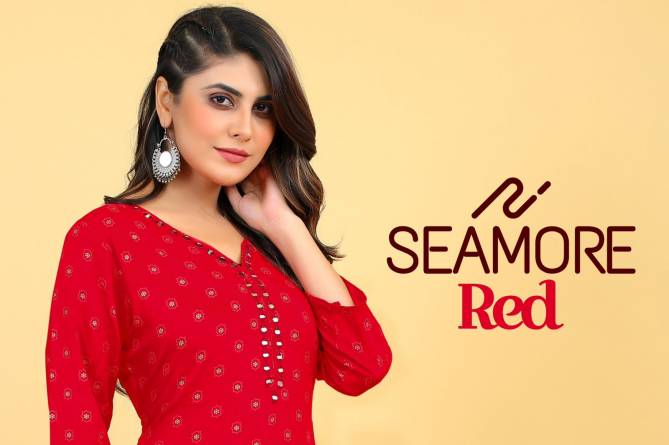 Red By Seamore Rayon Mirror Work With Printed Wear Kurtis Exporters In India
