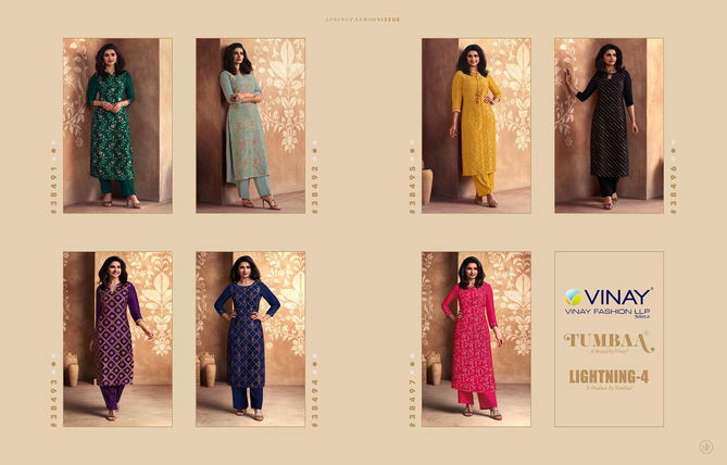 VINAY FASHION LIGHTNING VOL-4 Latest Fancy Festive Wear Pure Viscose Dola Jacquard With Minakari Work Heavy Kurti With Palazzo Collection