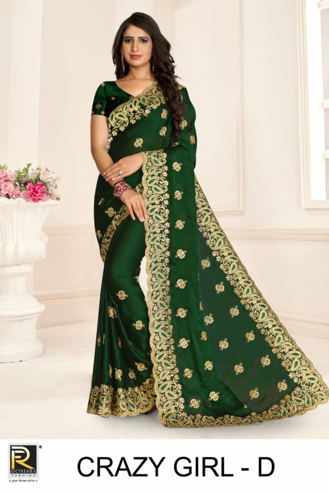 Ronisha Crazy Girl Latest Fancy Designer Festive Wear satin Blooming Embroidery Worked Sarees Collection
