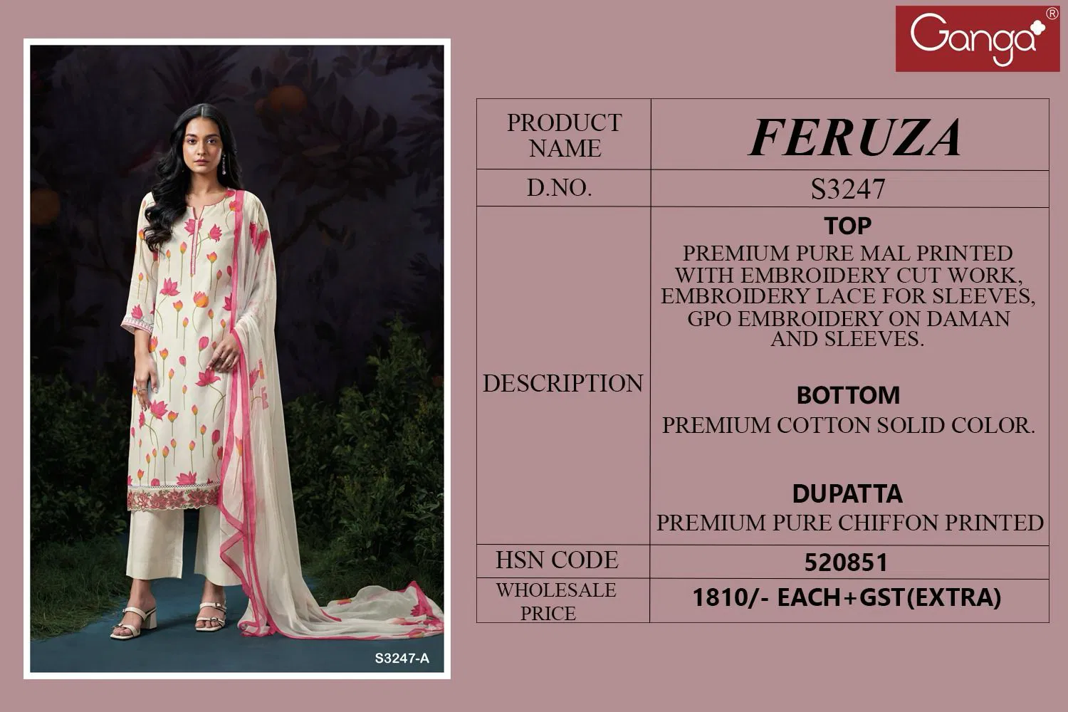 Feruza 3247 By Ganga Pure Mal Printed Dress Material Wholesale Price In Surat