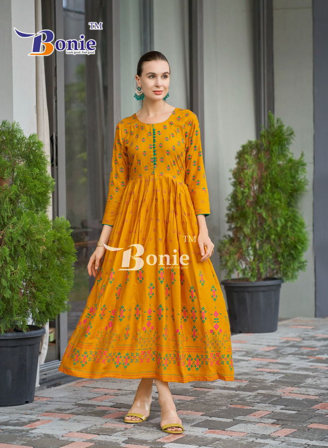 Aanchal 4 By Bonie Rayon Printed Anarkali Designer Long Kurtis Wholesalers In India