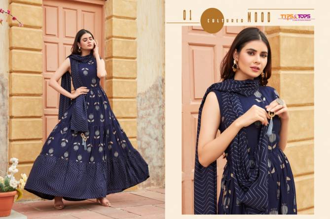 Tips Tops Mimi Fancy Stylish Party Wear Printed Designer Rayon Long Gown With Dupatta Collection

