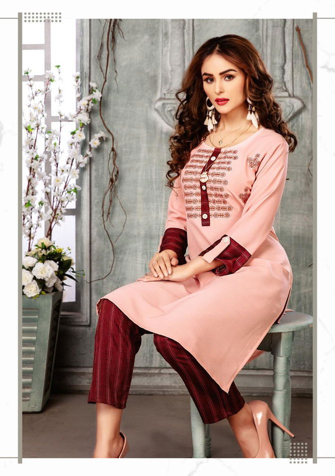 Wanna Smruti Latest Designer Casual Wear Rayon Kurti With Pant Style Bottom Collection
