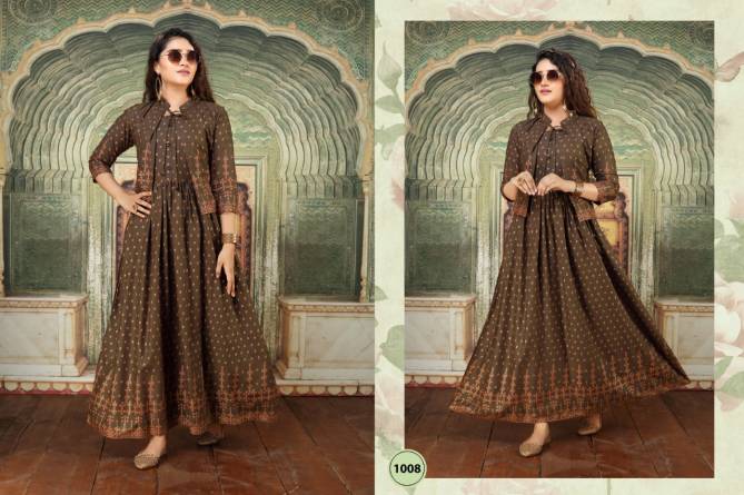 Ft Palak Flair Style Latest Fancy Designer Heavy Casual Wear Rayon Long Gold Printed Kurtis Collection
