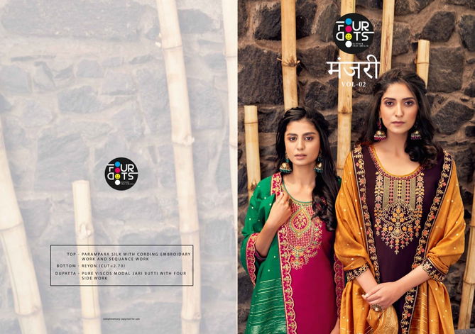 Fourdots Manjari 2 Fancy Festive Wear Silk With Cording Embroidery Work Designer Dress Material Collection
