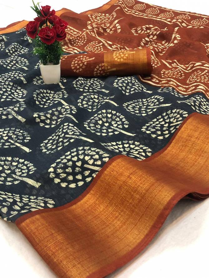 Sonakshi Tree New Hit Design Cotton Saree With Zari Border & Running Blouse Collection