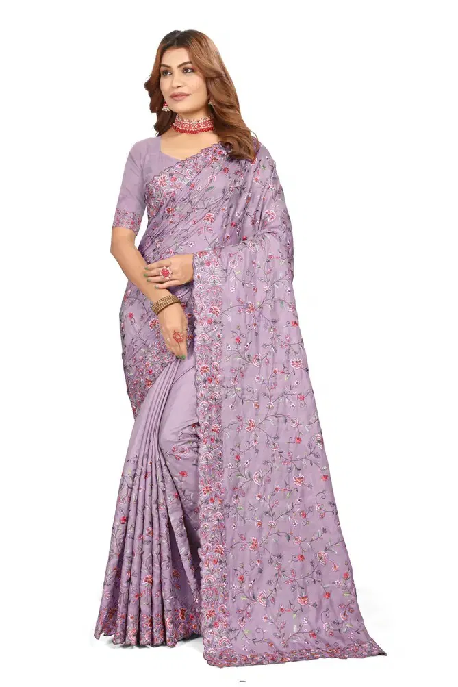 Lavender Colour Evergreen By Utsav Nari Tusser Silk Embroidery Sarees Wholesale Price