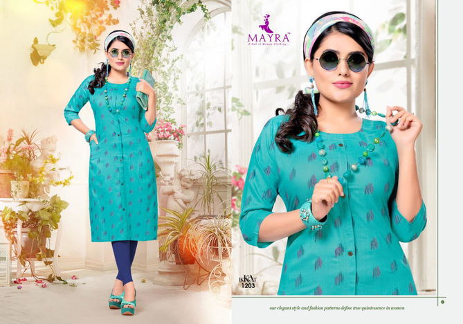 Mayra Ikkat Fancy Designer Regular Wear Rayon Slub Printed Kurtis Collection
