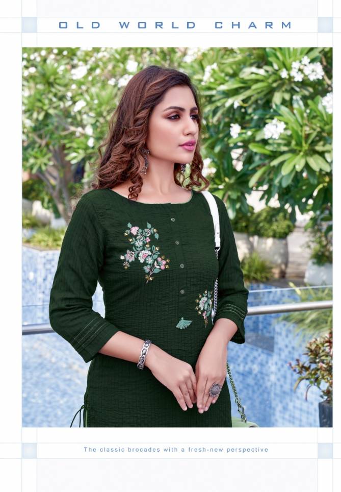Wooglee Fashion Kesar Vol 4 Rayon Party Wear Weaving With Embroidery Hand Work Kurti With Pant Collection