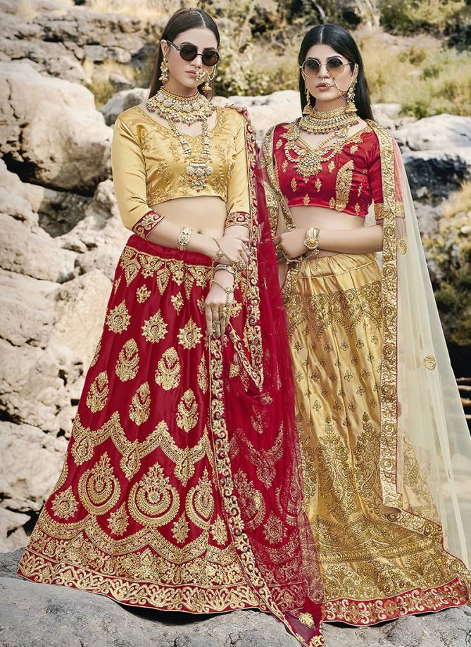 Heavy Designer Bridal Satin Silk With Net Dupatta Embroidery Work Lehenga Choli Collection  